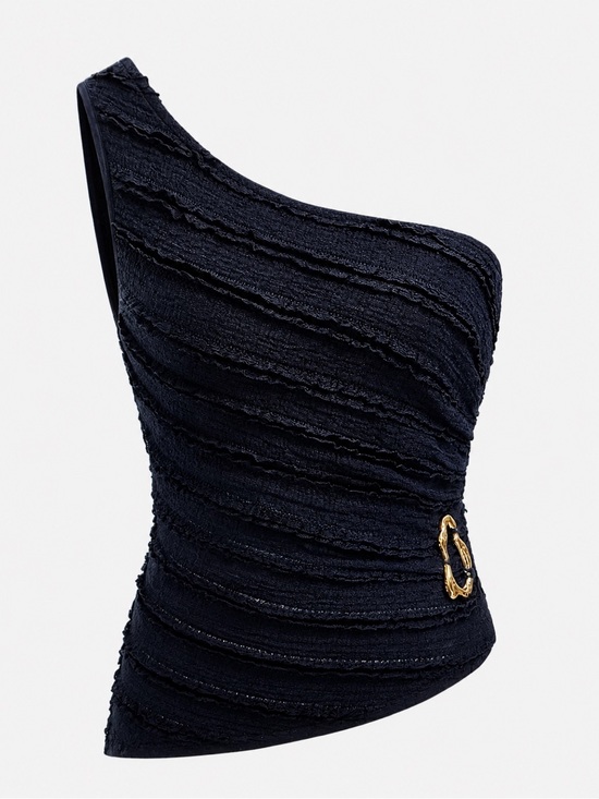 Commense Tops - New with Tag! Commense One-Shoulder Navy Textured Top with Gold Accent Sz L